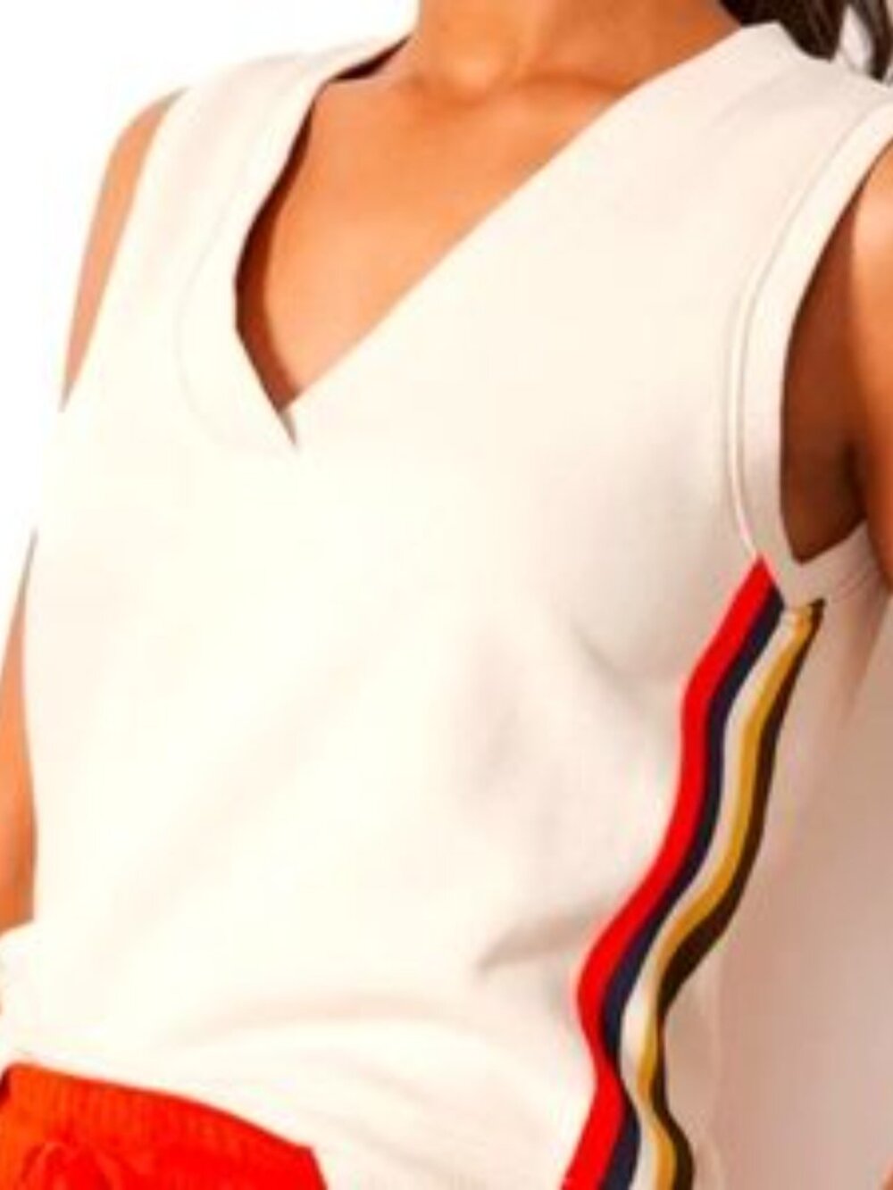 Evereve Cream V-Neck Sweatshirt Tank Vest with Side Stripe - LARGE